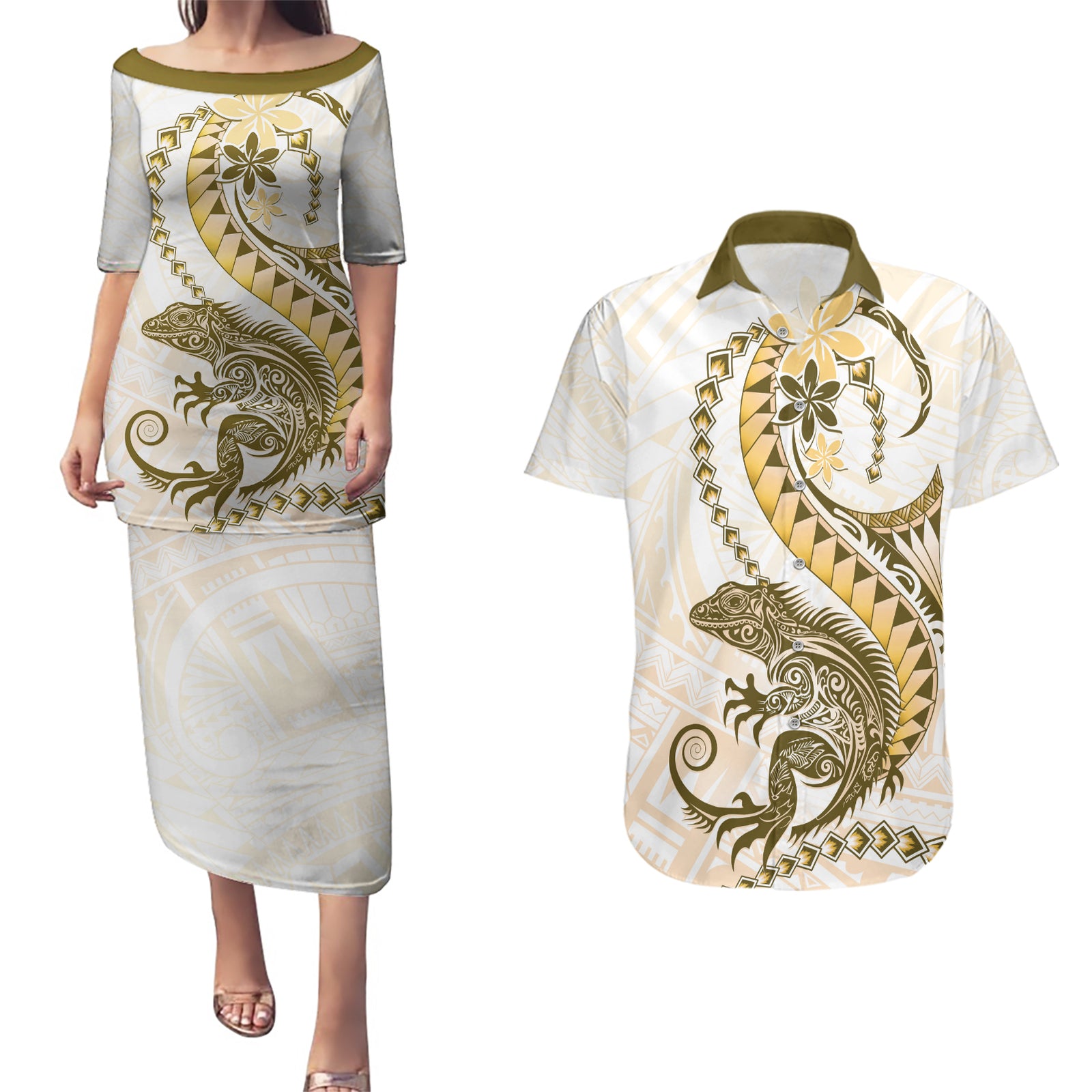 Gold Maori Tuatara Couples Matching Puletasi and Hawaiian Shirt Luxury Pastel Pattern LT01 Gold - Polynesian Pride