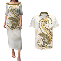 Gold Maori Tuatara Couples Matching Puletasi and Hawaiian Shirt Luxury Pastel Pattern