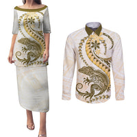 Gold Maori Tuatara Couples Matching Puletasi and Long Sleeve Button Shirt Luxury Pastel Pattern