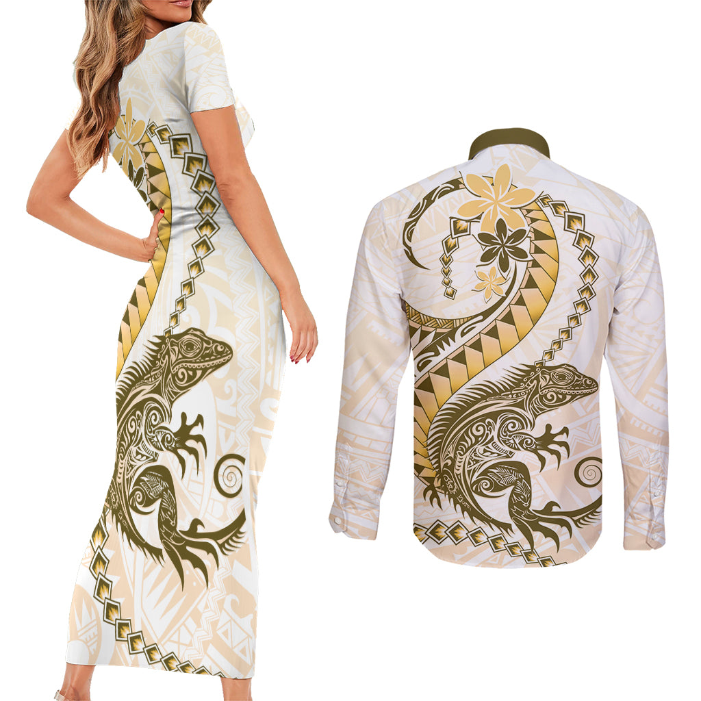 Gold Maori Tuatara Couples Matching Short Sleeve Bodycon Dress and Long Sleeve Button Shirt Luxury Pastel Pattern