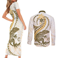 Gold Maori Tuatara Couples Matching Short Sleeve Bodycon Dress and Long Sleeve Button Shirt Luxury Pastel Pattern