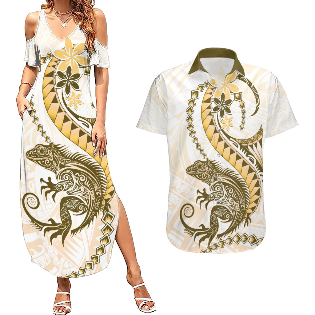 Gold Maori Tuatara Couples Matching Summer Maxi Dress and Hawaiian Shirt Luxury Pastel Pattern
