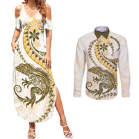 Gold Maori Tuatara Couples Matching Summer Maxi Dress and Long Sleeve Button Shirt Luxury Pastel Pattern
