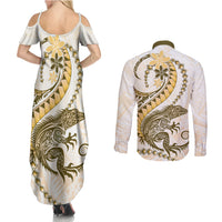 Gold Maori Tuatara Couples Matching Summer Maxi Dress and Long Sleeve Button Shirt Luxury Pastel Pattern
