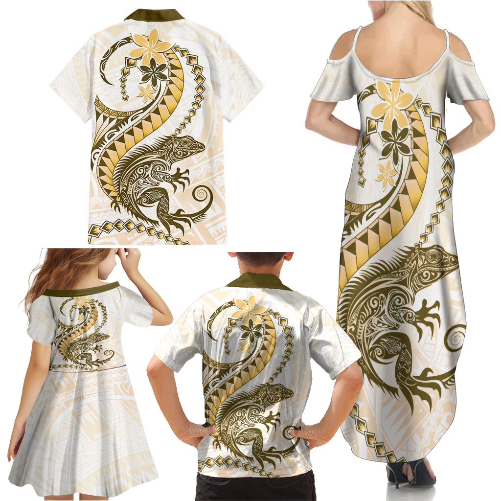 Gold Maori Tuatara Family Matching Summer Maxi Dress and Hawaiian Shirt Luxury Pastel Pattern