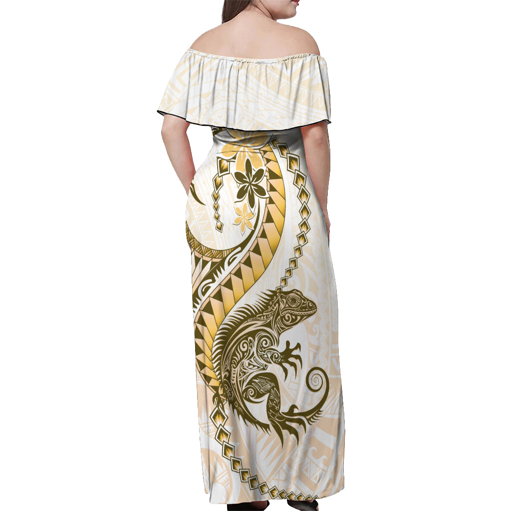 Gold Maori Tuatara Off Shoulder Maxi Dress Luxury Pastel Pattern