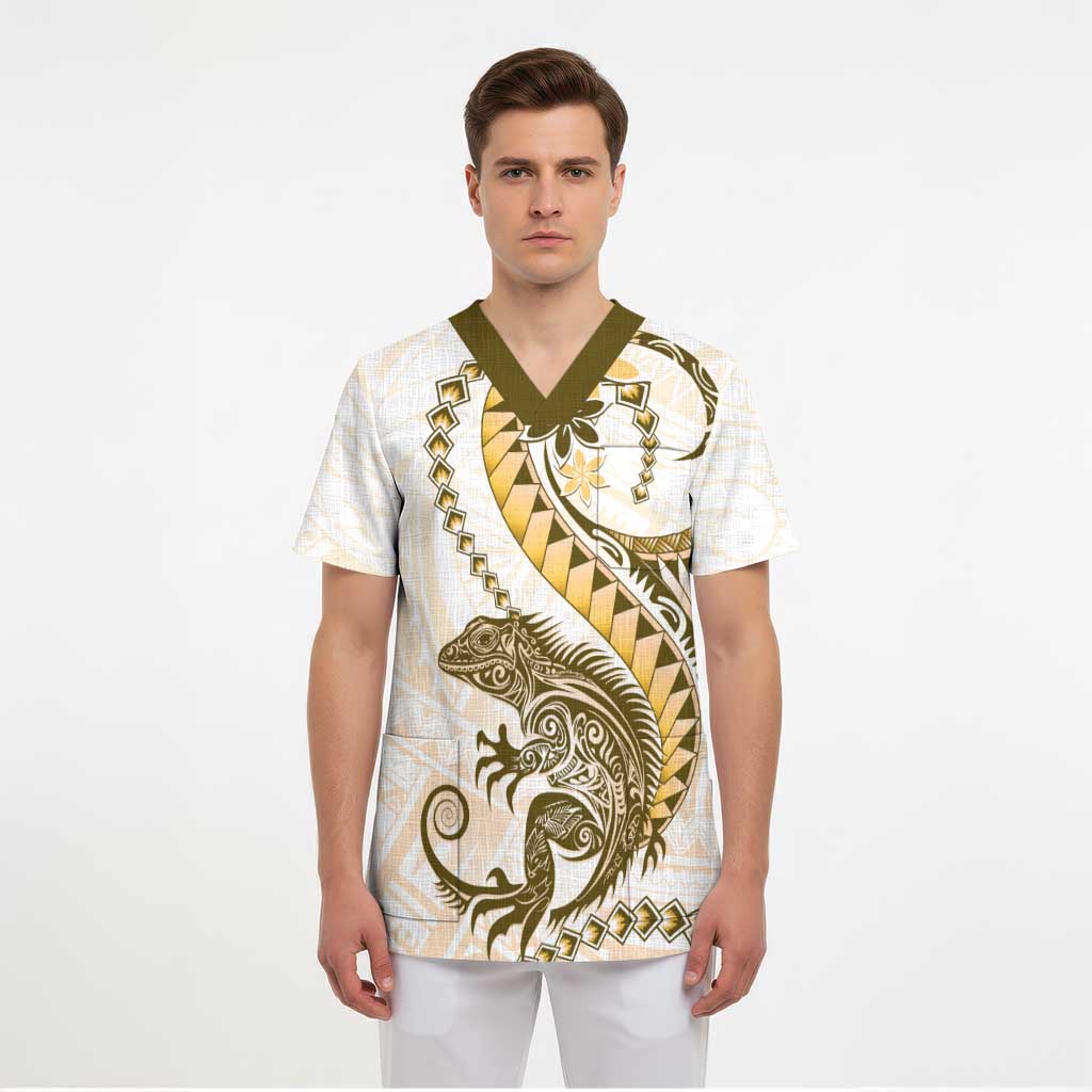 Gold Maori Tuatara Scrub Top Luxury Pastel Pattern - Polynesian Pride