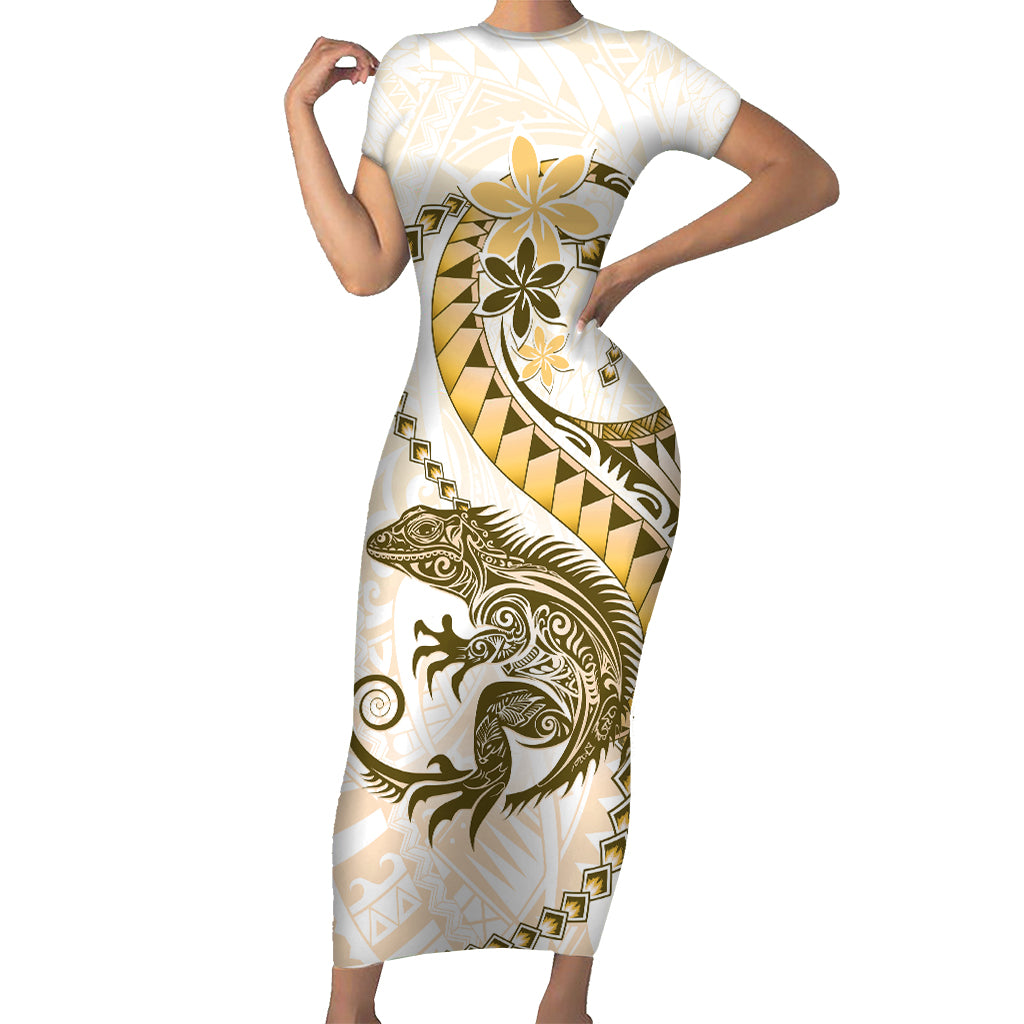 Gold Maori Tuatara Short Sleeve Bodycon Dress Luxury Pastel Pattern