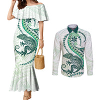 Green Maori Tuatara Couples Matching Mermaid Dress and Long Sleeve Button Shirt Luxury Pastel Pattern