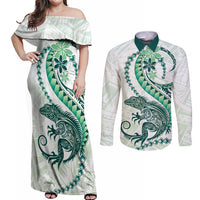 Green Maori Tuatara Couples Matching Off Shoulder Maxi Dress and Long Sleeve Button Shirt Luxury Pastel Pattern