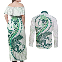 Green Maori Tuatara Couples Matching Off Shoulder Maxi Dress and Long Sleeve Button Shirt Luxury Pastel Pattern