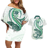 Green Maori Tuatara Couples Matching Off Shoulder Short Dress and Hawaiian Shirt Luxury Pastel Pattern