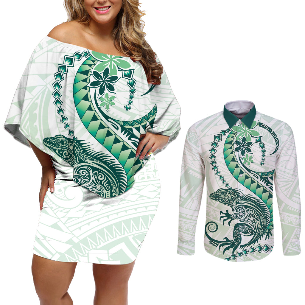 Green Maori Tuatara Couples Matching Off Shoulder Short Dress and Long Sleeve Button Shirt Luxury Pastel Pattern LT01 Green - Polynesian Pride