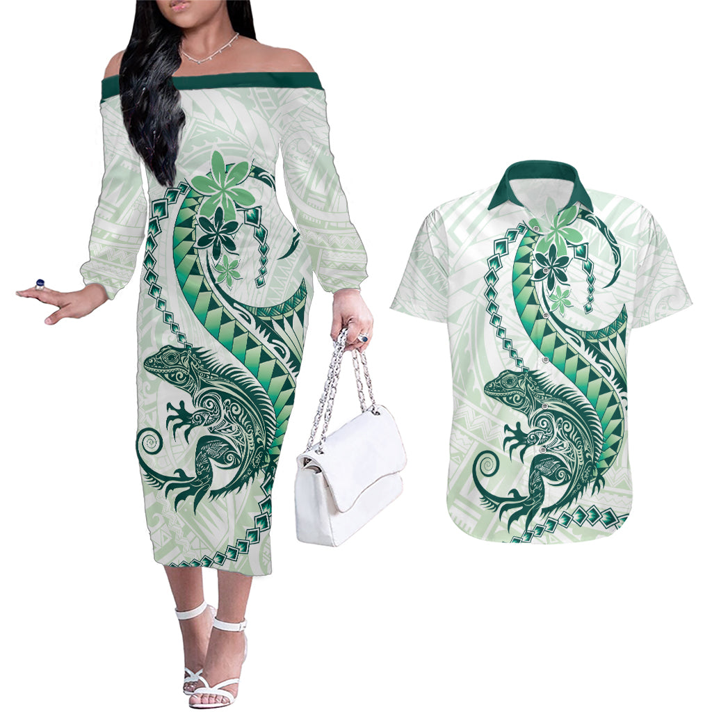 Green Maori Tuatara Couples Matching Off The Shoulder Long Sleeve Dress and Hawaiian Shirt Luxury Pastel Pattern