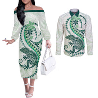 Green Maori Tuatara Couples Matching Off The Shoulder Long Sleeve Dress and Long Sleeve Button Shirt Luxury Pastel Pattern