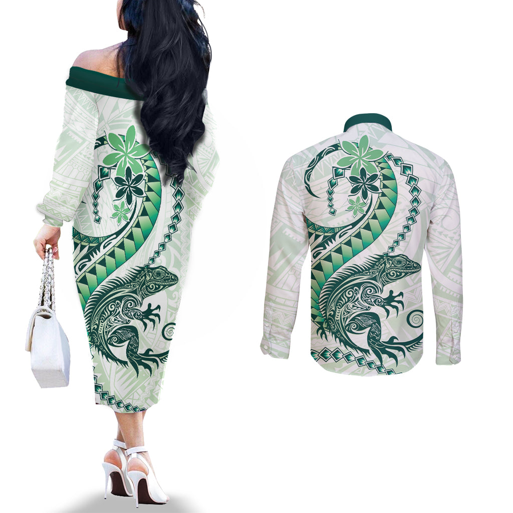 Green Maori Tuatara Couples Matching Off The Shoulder Long Sleeve Dress and Long Sleeve Button Shirt Luxury Pastel Pattern