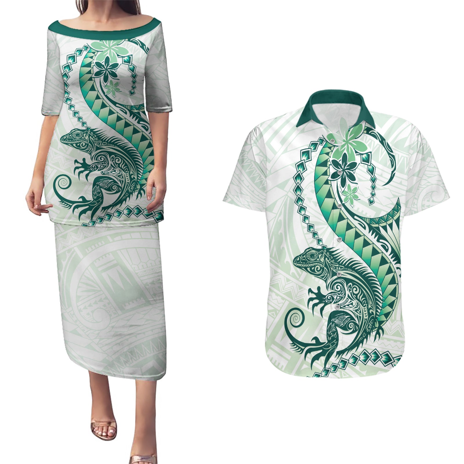 Green Maori Tuatara Couples Matching Puletasi and Hawaiian Shirt Luxury Pastel Pattern LT01 Green - Polynesian Pride