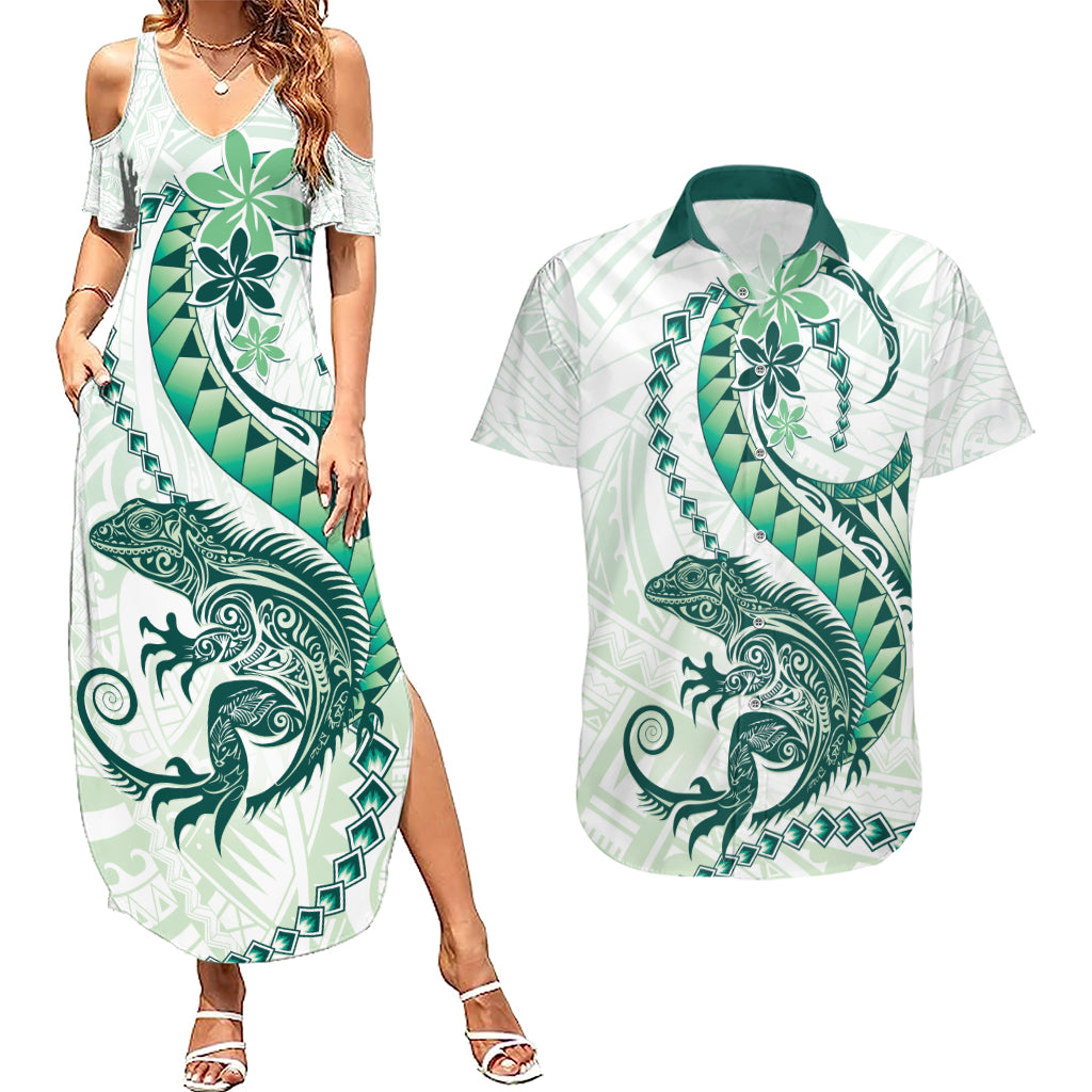 Green Maori Tuatara Couples Matching Summer Maxi Dress and Hawaiian Shirt Luxury Pastel Pattern
