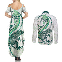 Green Maori Tuatara Couples Matching Summer Maxi Dress and Long Sleeve Button Shirt Luxury Pastel Pattern