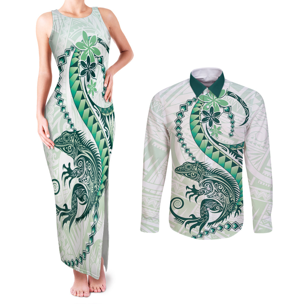 Green Maori Tuatara Couples Matching Tank Maxi Dress and Long Sleeve Button Shirt Luxury Pastel Pattern LT01 Green - Polynesian Pride