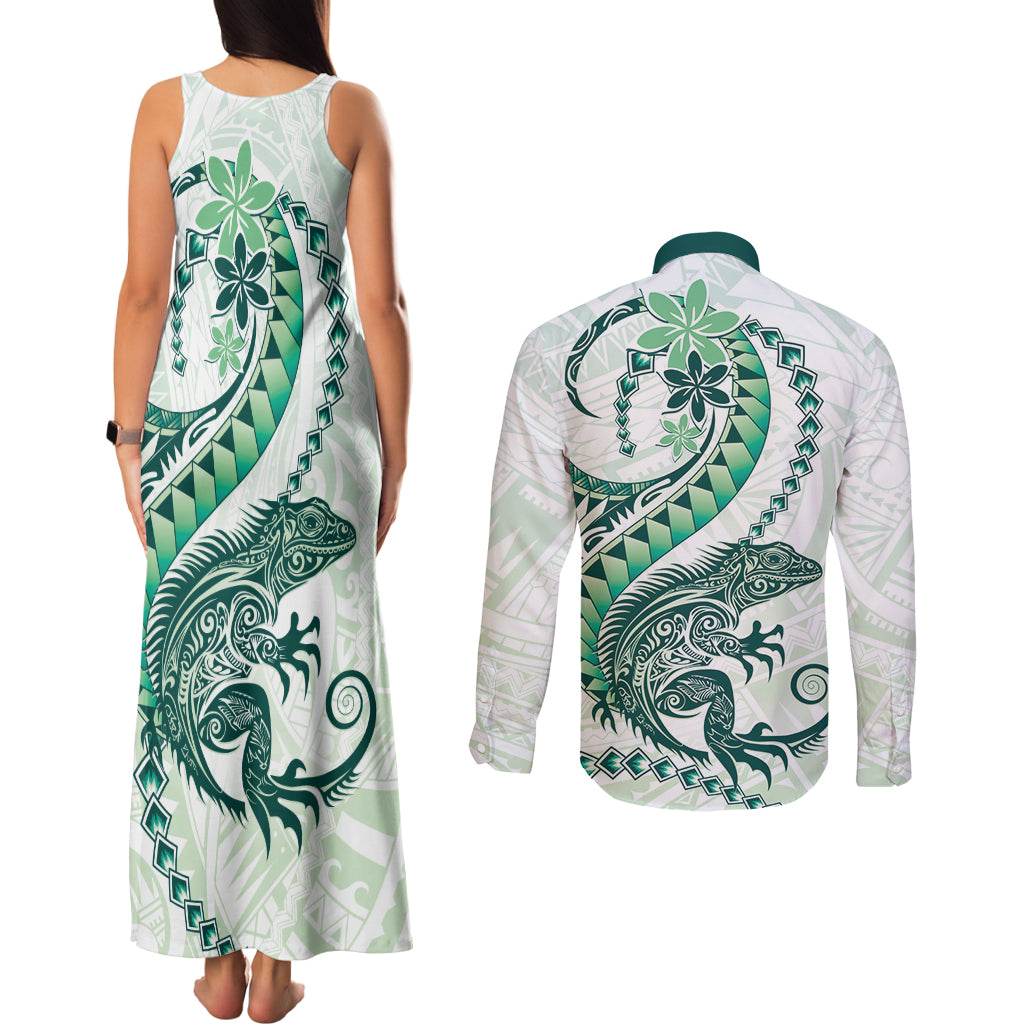 Green Maori Tuatara Couples Matching Tank Maxi Dress and Long Sleeve Button Shirt Luxury Pastel Pattern LT01 - Polynesian Pride