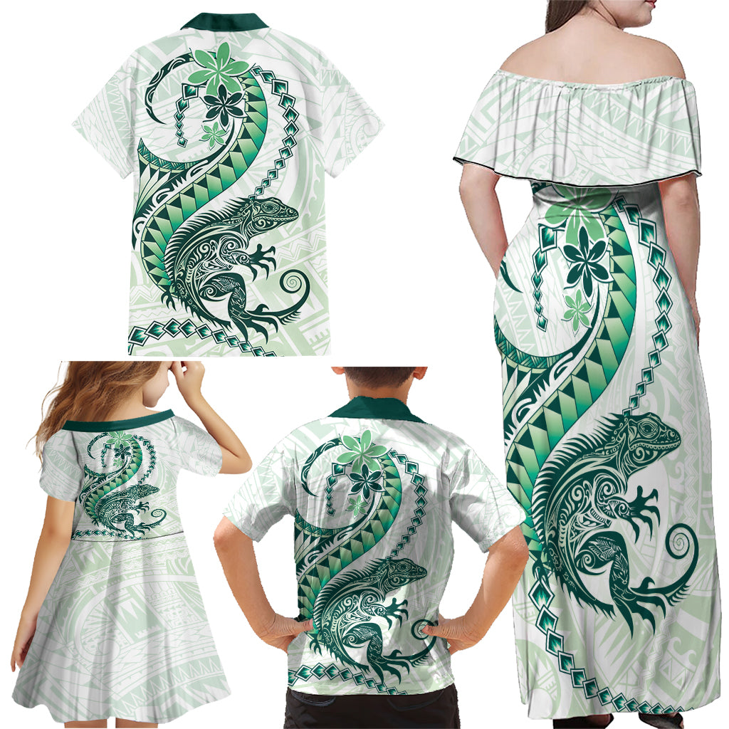 Green Maori Tuatara Family Matching Off Shoulder Maxi Dress and Hawaiian Shirt Luxury Pastel Pattern