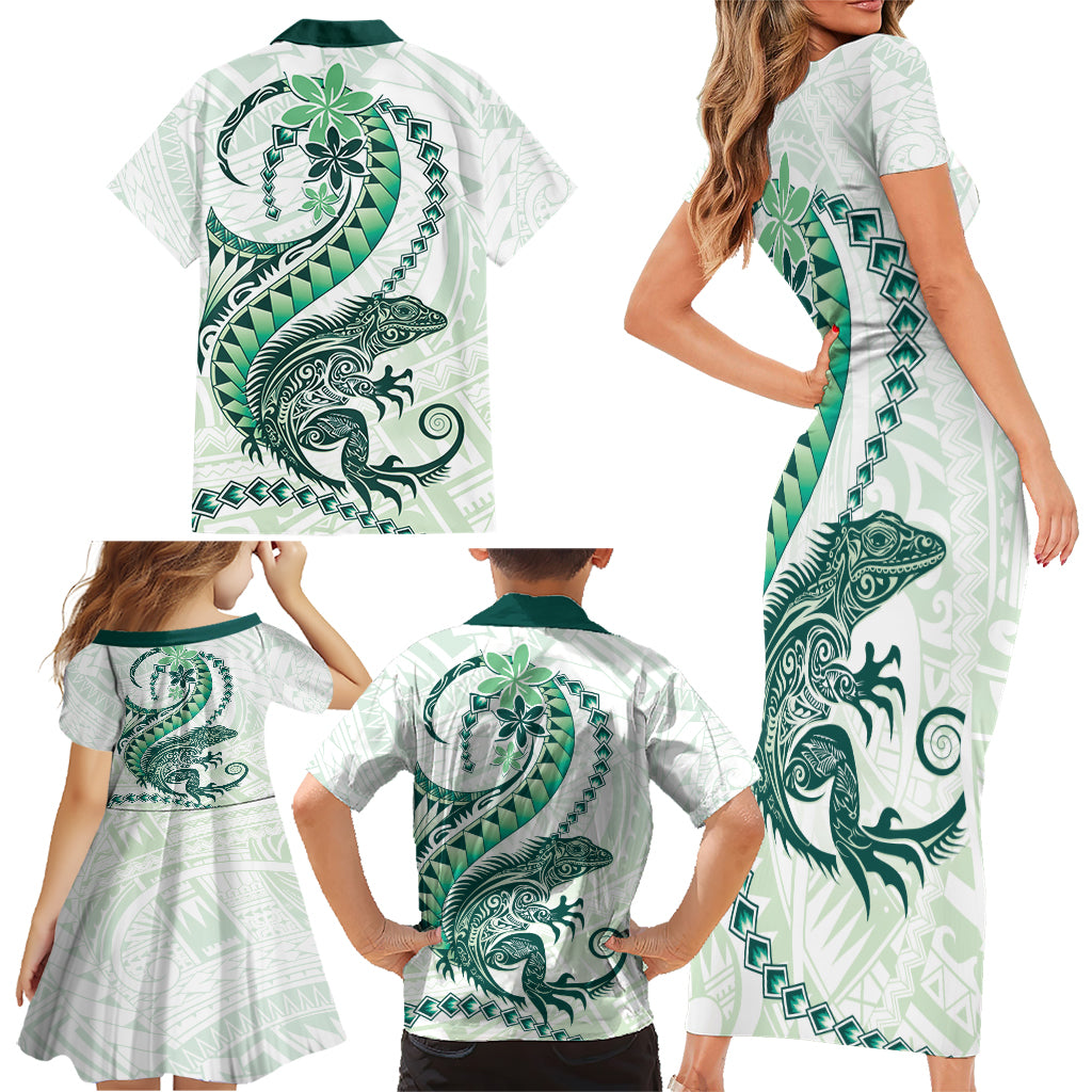 Green Maori Tuatara Family Matching Short Sleeve Bodycon Dress and Hawaiian Shirt Luxury Pastel Pattern