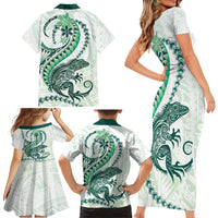 Green Maori Tuatara Family Matching Short Sleeve Bodycon Dress and Hawaiian Shirt Luxury Pastel Pattern