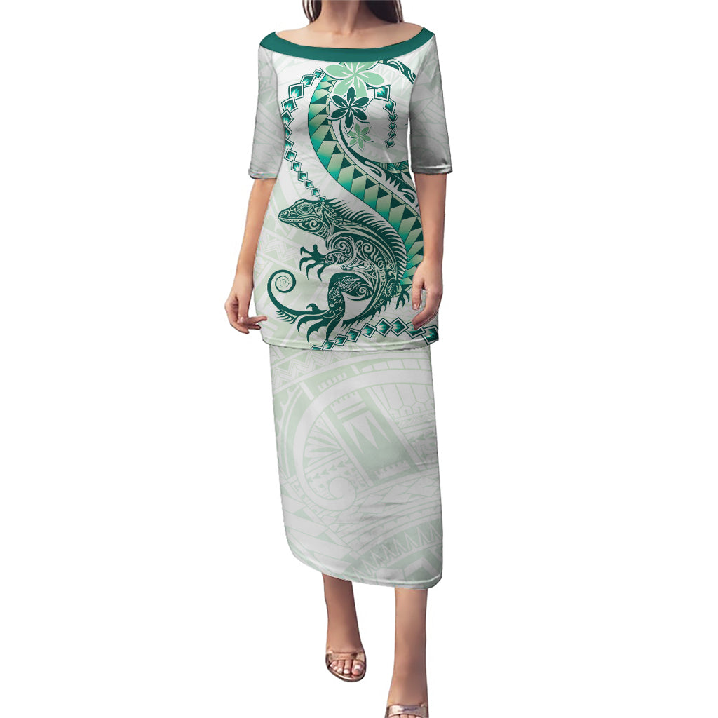 Green Maori Tuatara Puletasi Luxury Pastel Pattern