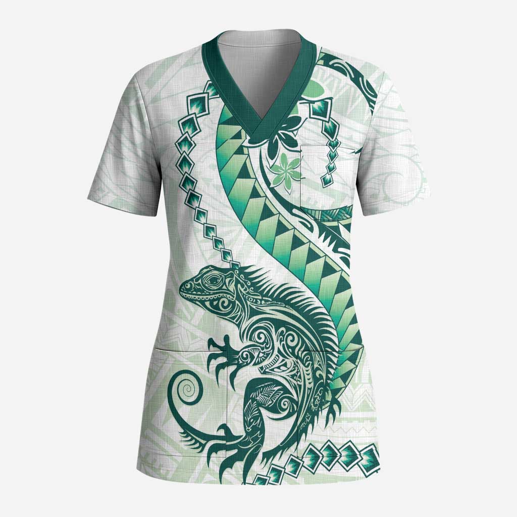 Green Maori Tuatara Scrub Top Luxury Pastel Pattern - Polynesian Pride