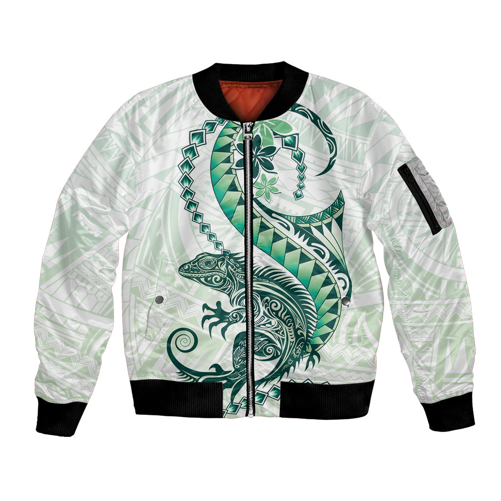 Green Maori Tuatara Sleeve Zip Bomber Jacket Luxury Pastel Pattern