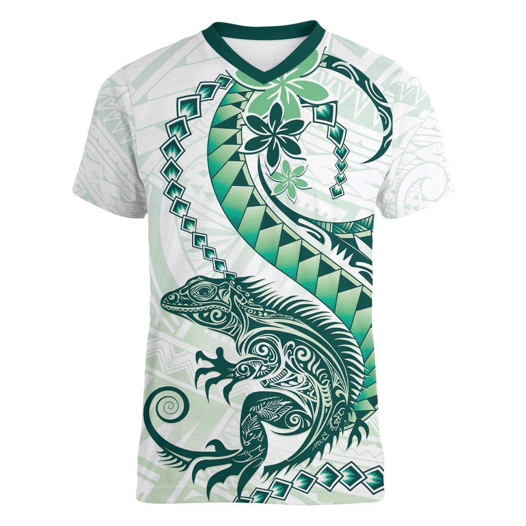 Green Maori Tuatara Women V-Neck T-Shirt Luxury Pastel Pattern LT01 Female Green - Polynesian Pride