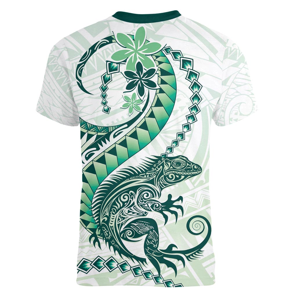Green Maori Tuatara Women V-Neck T-Shirt Luxury Pastel Pattern LT01 - Polynesian Pride