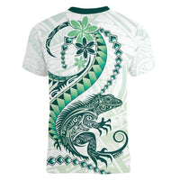 Green Maori Tuatara Women V-Neck T-Shirt Luxury Pastel Pattern LT01 - Polynesian Pride