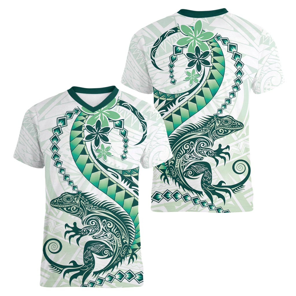 Green Maori Tuatara Women V-Neck T-Shirt Luxury Pastel Pattern LT01 - Polynesian Pride