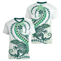 Green Maori Tuatara Women V-Neck T-Shirt Luxury Pastel Pattern LT01 - Polynesian Pride