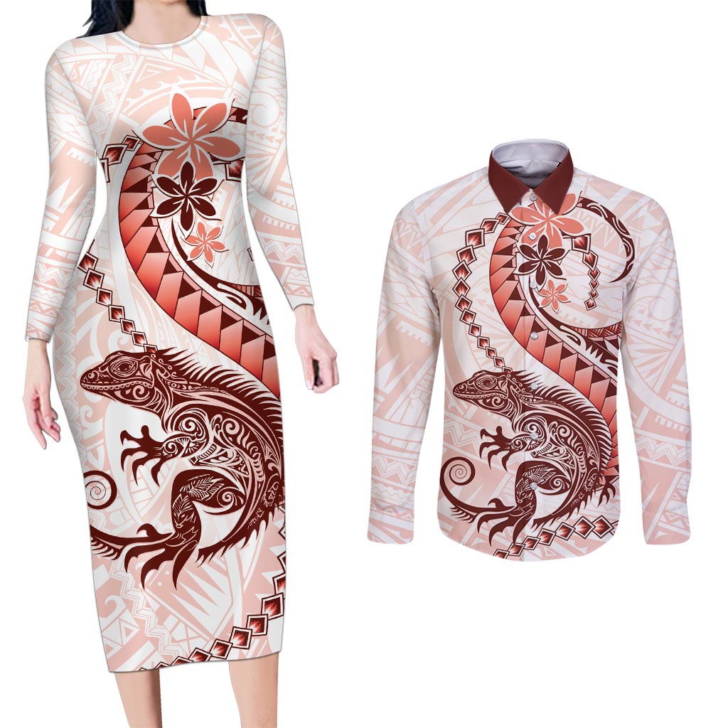 Red Maori Tuatara Couples Matching Long Sleeve Bodycon Dress and Long Sleeve Button Shirt Luxury Pastel Pattern