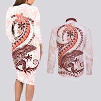Red Maori Tuatara Couples Matching Long Sleeve Bodycon Dress and Long Sleeve Button Shirt Luxury Pastel Pattern