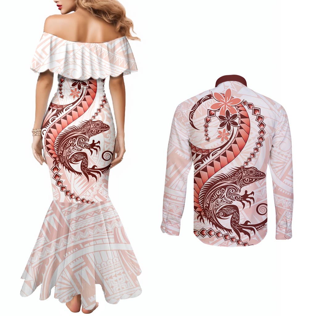 Red Maori Tuatara Couples Matching Mermaid Dress and Long Sleeve Button Shirt Luxury Pastel Pattern