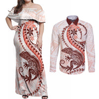 Red Maori Tuatara Couples Matching Off Shoulder Maxi Dress and Long Sleeve Button Shirt Luxury Pastel Pattern