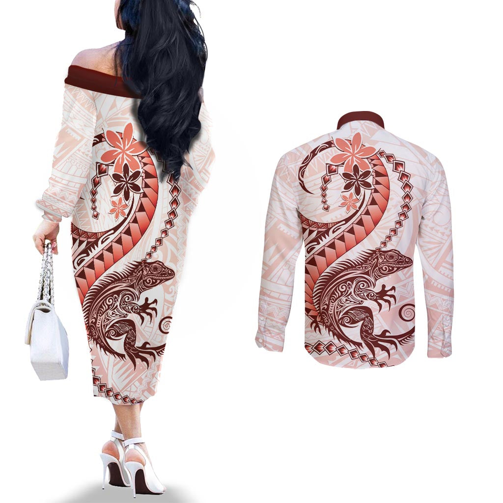 Red Maori Tuatara Couples Matching Off The Shoulder Long Sleeve Dress and Long Sleeve Button Shirt Luxury Pastel Pattern