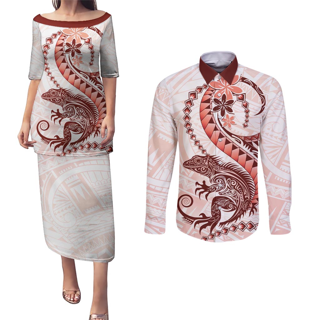 Red Maori Tuatara Couples Matching Puletasi and Long Sleeve Button Shirt Luxury Pastel Pattern
