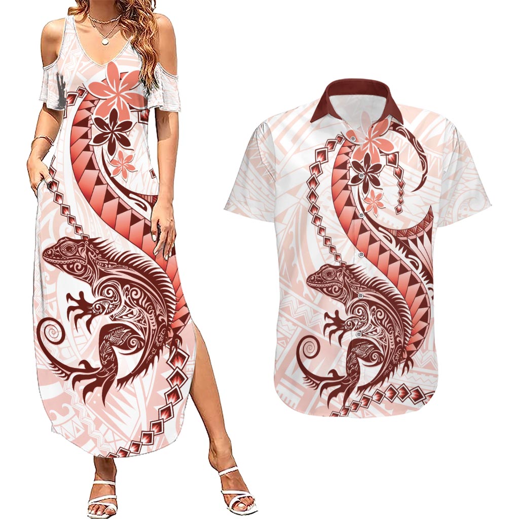Red Maori Tuatara Couples Matching Summer Maxi Dress and Hawaiian Shirt Luxury Pastel Pattern