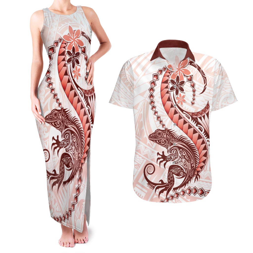 Red Maori Tuatara Couples Matching Tank Maxi Dress and Hawaiian Shirt Luxury Pastel Pattern