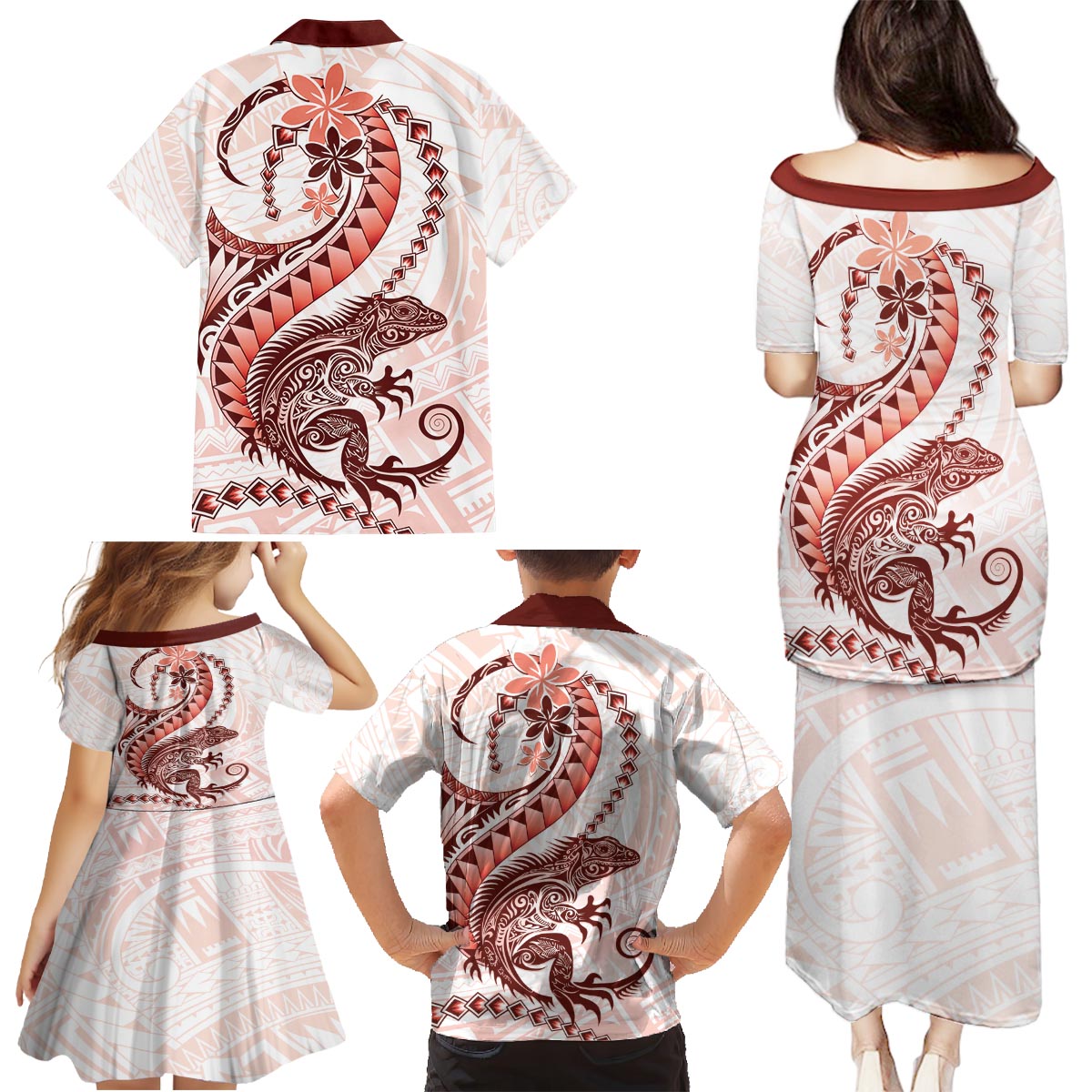 Red Maori Tuatara Family Matching Puletasi and Hawaiian Shirt Luxury Pastel Pattern