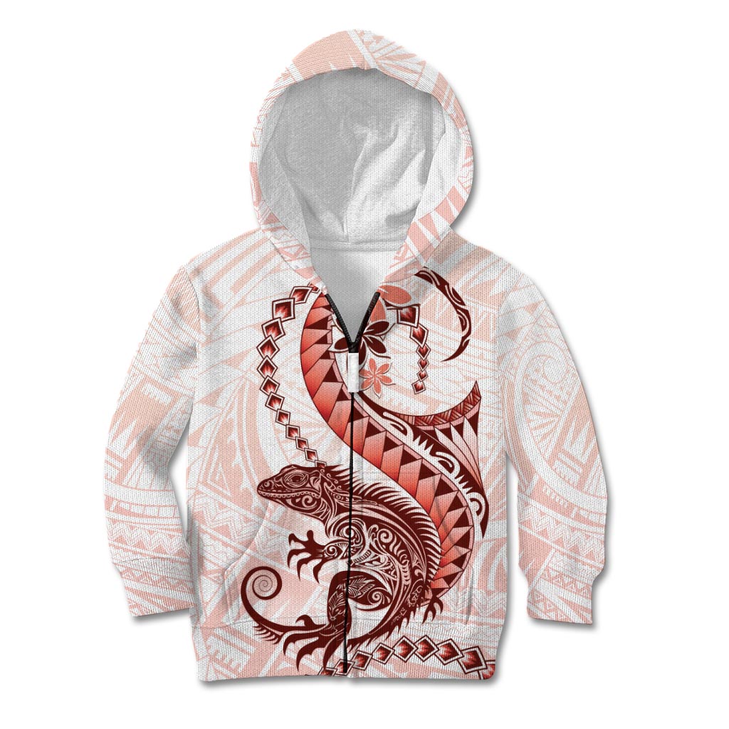 Red Maori Tuatara Kid Hoodie Luxury Pastel Pattern LT01 Zip Hoodie Red - Polynesian Pride