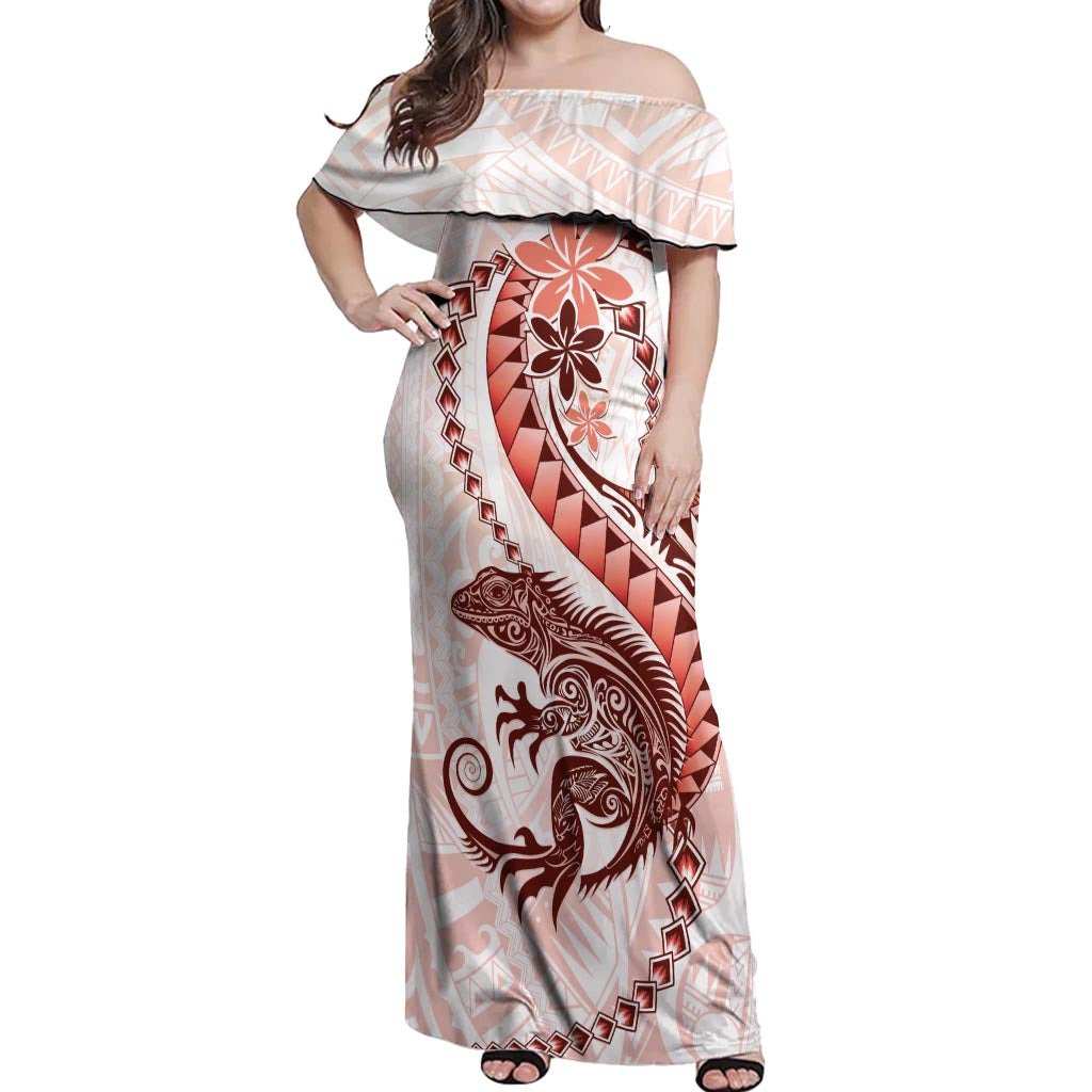 Red Maori Tuatara Off Shoulder Maxi Dress Luxury Pastel Pattern