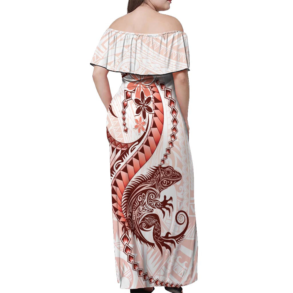 Red Maori Tuatara Off Shoulder Maxi Dress Luxury Pastel Pattern
