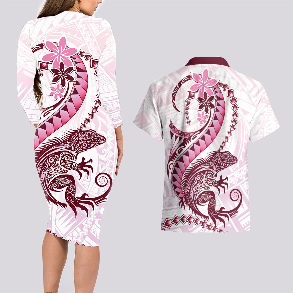Pink Maori Tuatara Couples Matching Long Sleeve Bodycon Dress and Hawaiian Shirt Luxury Pastel Pattern