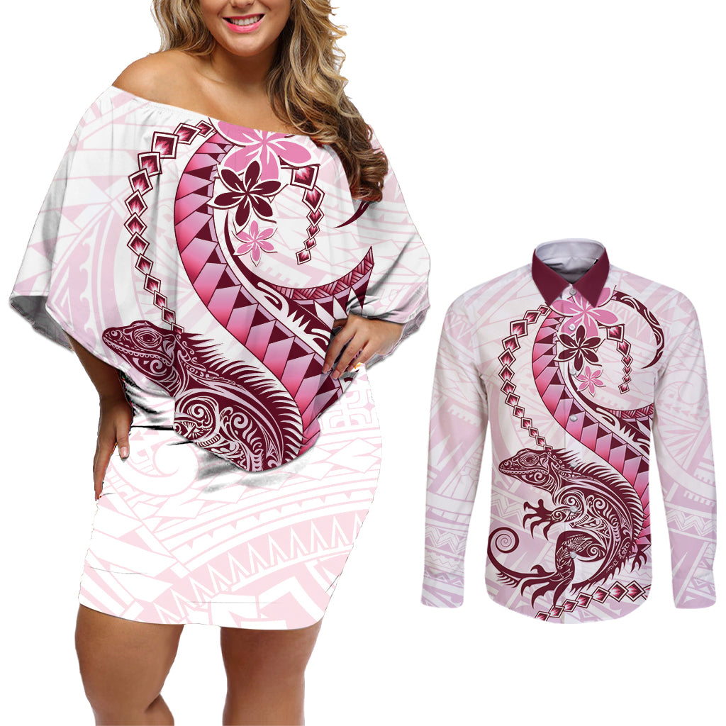 Pink Maori Tuatara Couples Matching Off Shoulder Short Dress and Long Sleeve Button Shirt Luxury Pastel Pattern